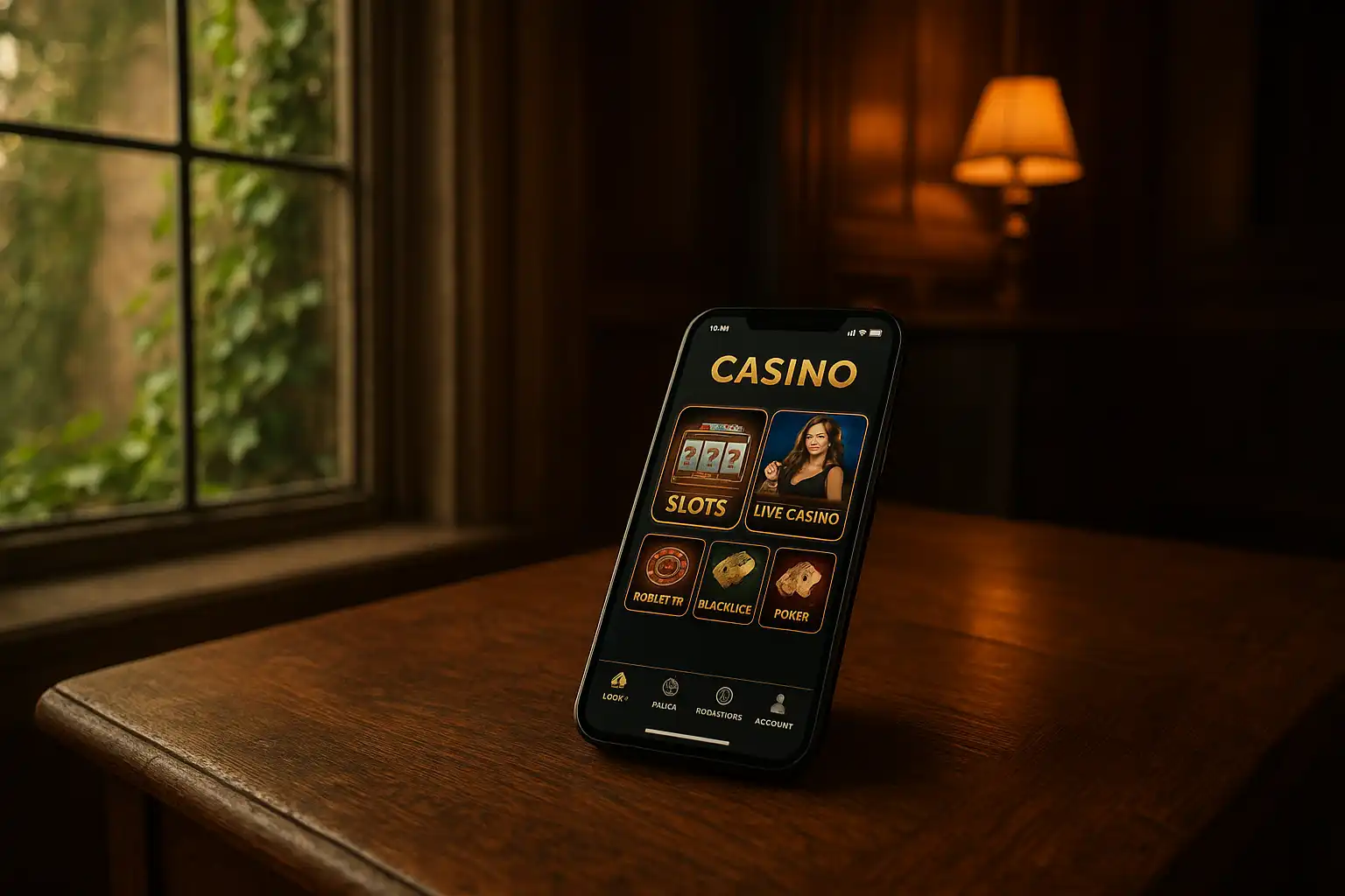 Smartphone showing the BetBluff Manor Estate mobile app lobby