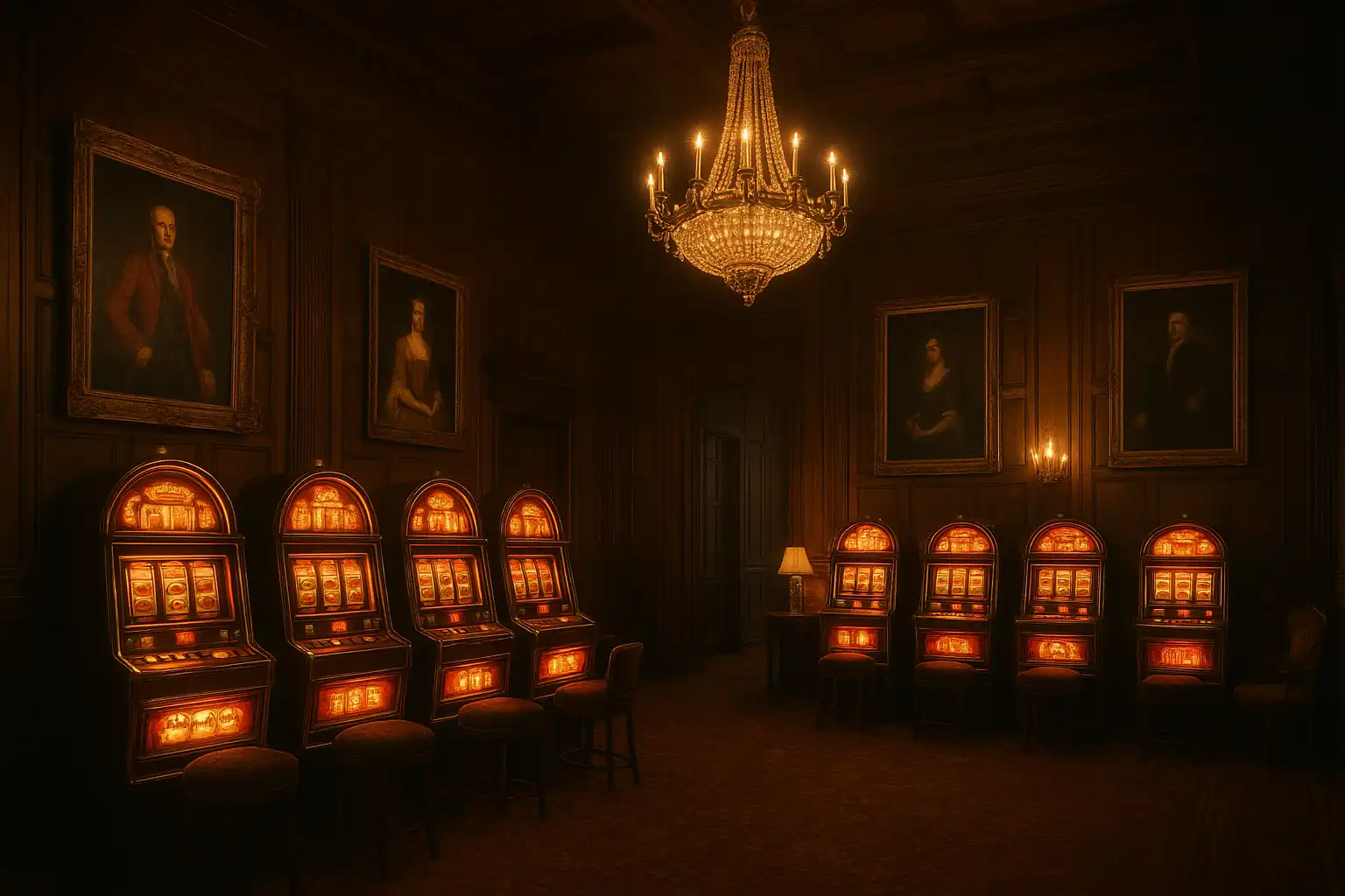 Grand hall of BetBluff Manor Estate with antique portraits and slot machines