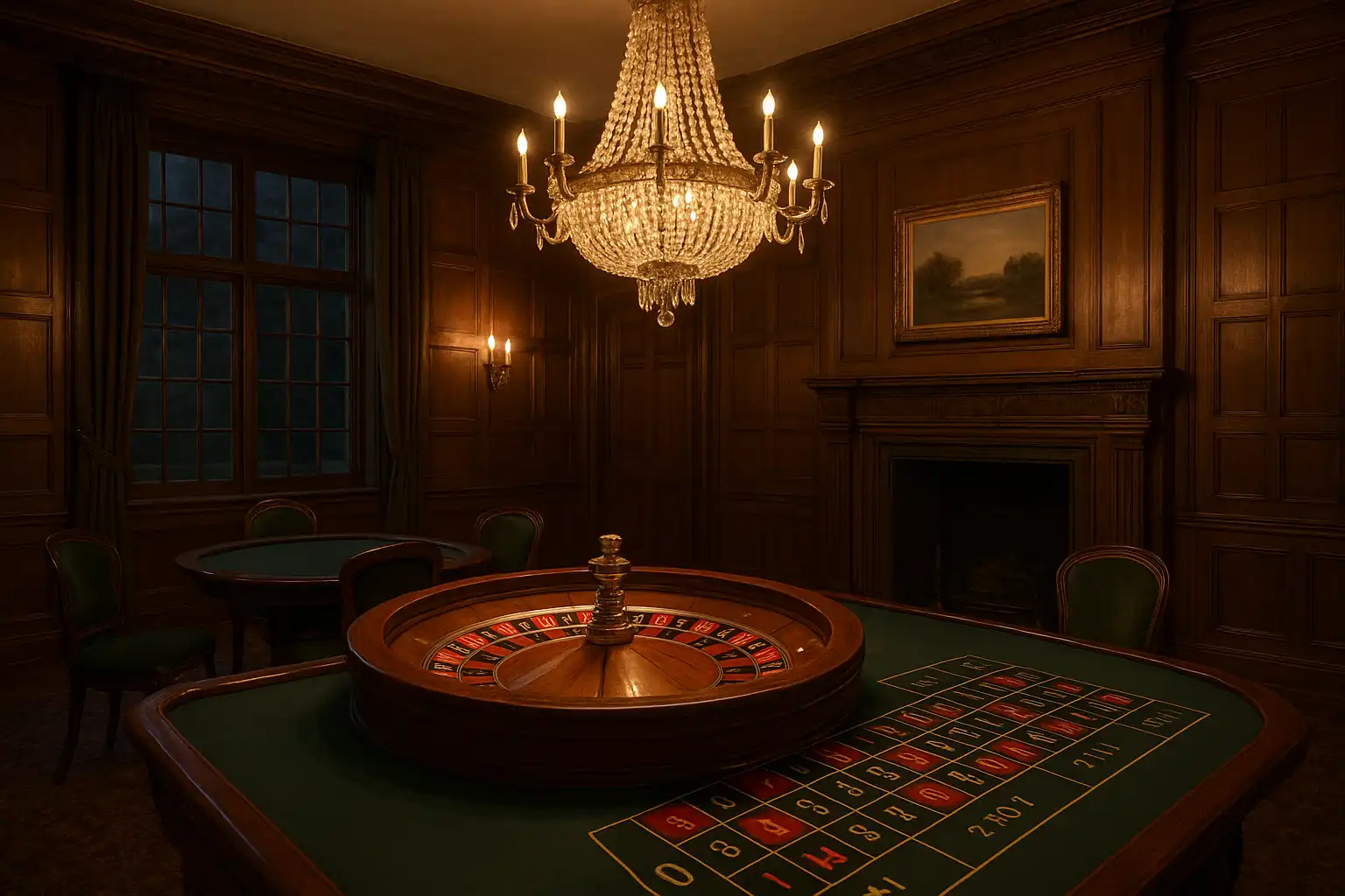 Elegant roulette wheel and table inside the BetBluff Manor Estate card room
